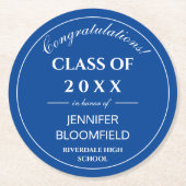 Simple Blue & White Modern 2025 Abschluss Runder Pappuntersetzer (Vorderseite)