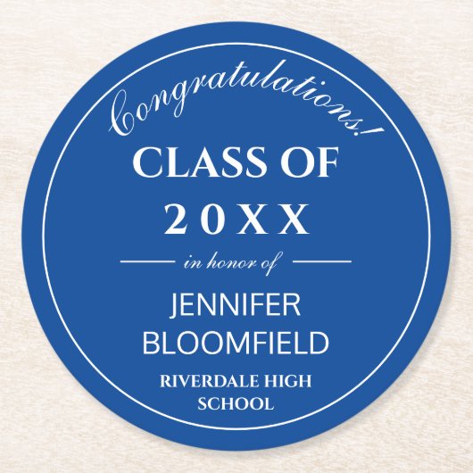 Simple Blue & White Modern 2025 Abschluss Runder Pappuntersetzer (Vorderseite)