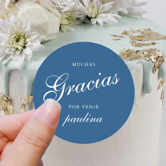 Simple Blue White Quinceañera Gracias Script Name Runder Aufkleber