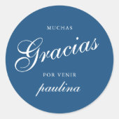 Simple Blue White Quinceañera Gracias Script Name Runder Aufkleber (Vorderseite)