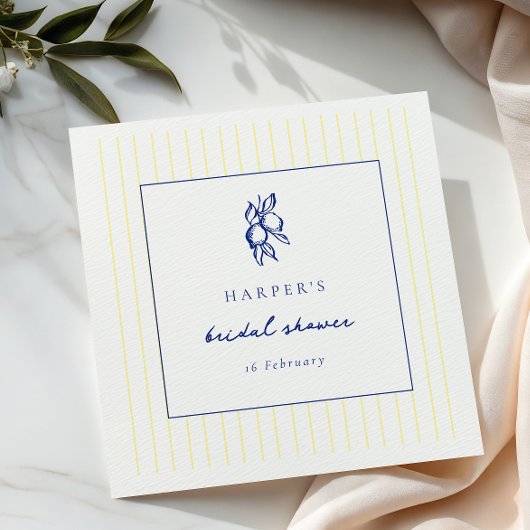 Simple Blue & Yellow Doodle Lemons Bridal Shower Serviette