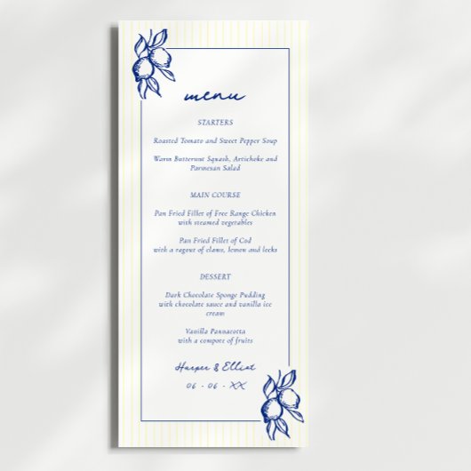 Simple Blue & Yellow Doodle Lemons Wedding Menükarte