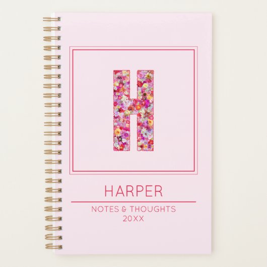 Simple Blush Pink Girly Floral Monogram Letter H Planer (Vorderseite)