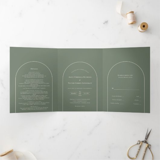 Simple Boho Arch Sage Green Wedding Dreifach Gefaltete Einladung (Innenseite)