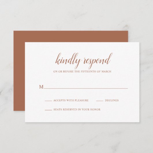 Simple Boho Burnt Orange Rust Terracotta Wedding RSVP Karte (Vorne/Hinten)