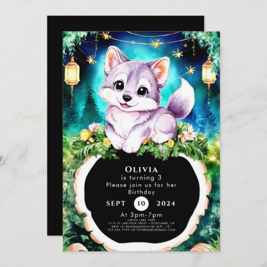 Simple Boho Charming Wolf Birthday Einladung (Vorne/Hinten)