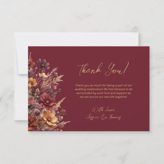 Simple Boho Chic Wildflowers Burgundy Wedding Dankeskarte (Vorderseite)