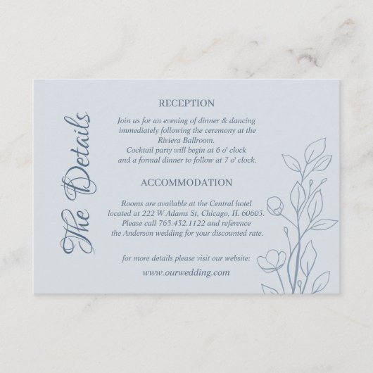 Simple Boho Dusty Blue Wedding Details Begleitkarte (Vorderseite)