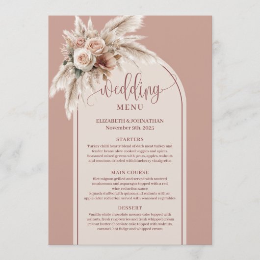 Simple Boho Dusty Rose Pampas Floral Wedding Menu Menükarte (Vorderseite)
