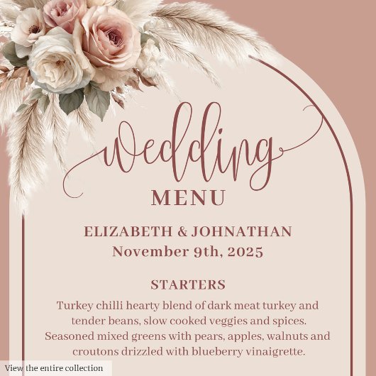 Simple Boho Dusty Rose Pampas Floral Wedding Menu Menükarte