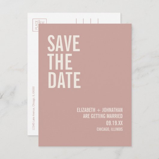 Simple Boho Dusty Rose Typografie Save the Date Ankündigungspostkarte (Vorne/Hinten)