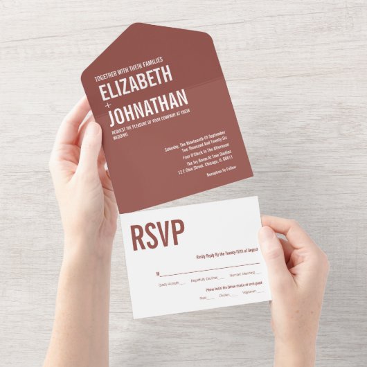 Simple Boho Dusty Rose Typografy Wedding All In One Einladung (Abreißen)