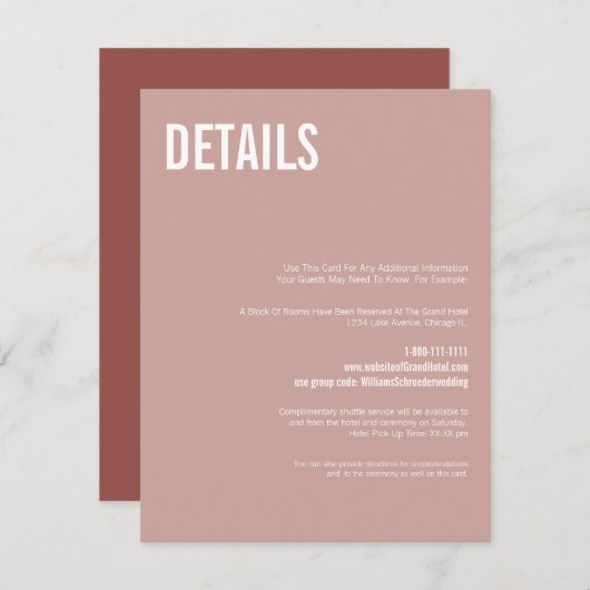 Simple Boho Dusty Rose Typografy Wedding Details Begleitkarte (Vorne/Hinten)
