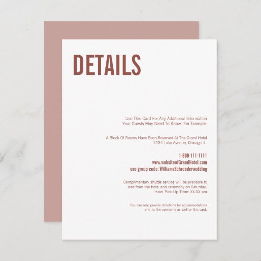 Simple Boho Dusty Rose Typografy Wedding Details Begleitkarte (Vorne/Hinten)
