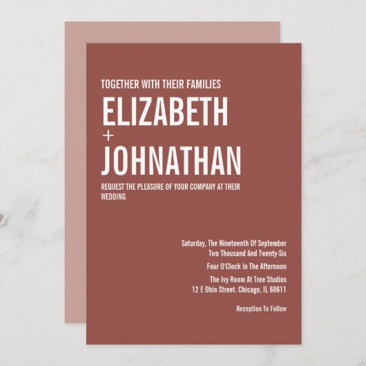 Simple Boho Dusty Rose Typografy Wedding Einladung (Vorne/Hinten)