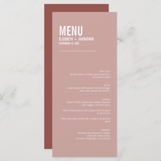 Simple Boho Dusty Rose Typografy Wedding Menu Menükarte (Vorne/Hinten)