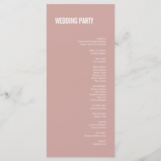 Simple Boho Dusty Rose Typografy Wedding Program Programm (Rückseite)