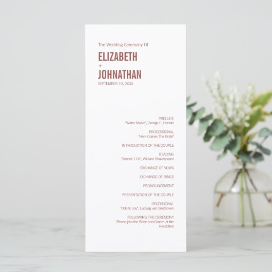 Simple Boho Dusty Rose Typografy Wedding Program Programm (Stehend Vorderseite)