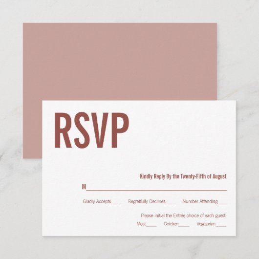 Simple Boho Dusty Rose Typografy Wedding RSVP Karte (Vorne/Hinten)