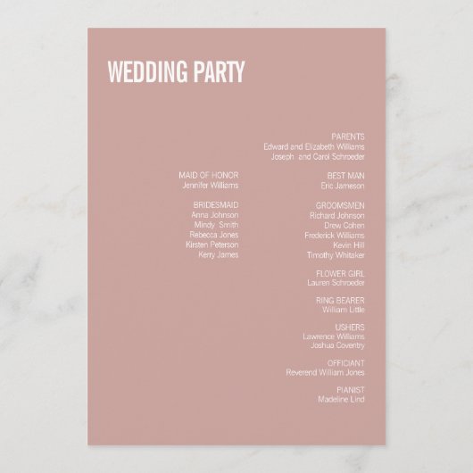 Simple Boho Dusty Rose Wedding Typografy Programm (Rückseite)
