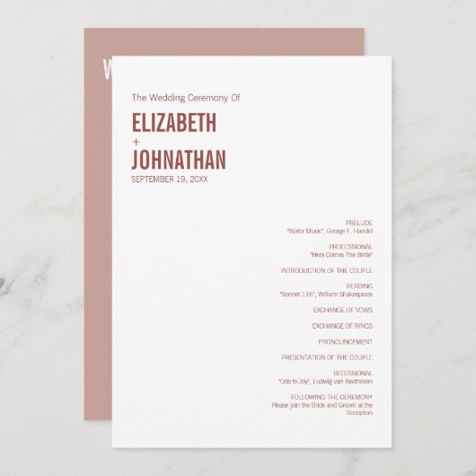 Simple Boho Dusty Rose Wedding Typografy Programm (Vorne/Hinten)