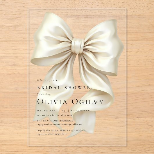 Simple Boho Elegant Ivory Cream Bow Brautparty Acryleinladungen (Vorderseite)
