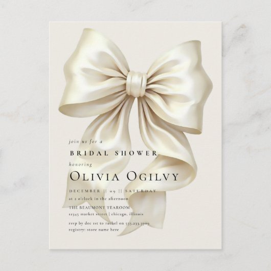 Simple Boho Elegant Ivory Cream Bow Brautparty Einladungspostkarte (Vorderseite)