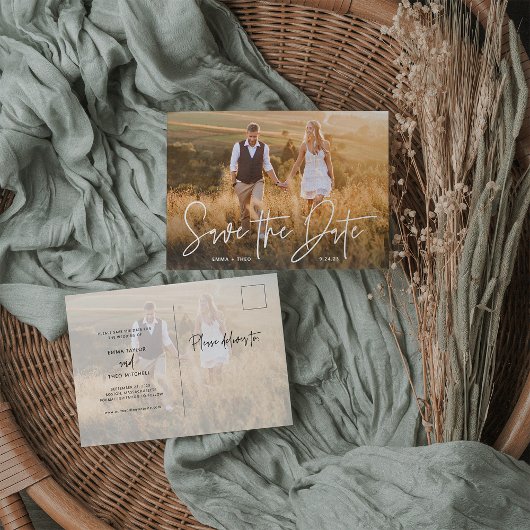 Simple Boho | Elegantes Script-Foto Save the Date Ankündigungspostkarte