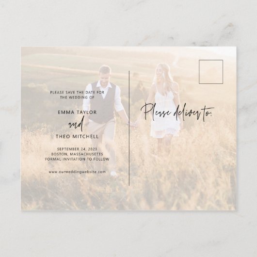 Simple Boho | Elegantes Script-Foto Save the Date Ankündigungspostkarte (Rückseite)