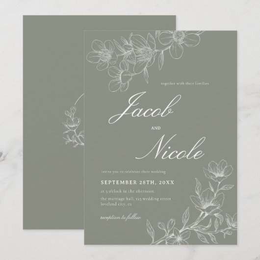 Simple Boho Floral Script Sage Green Wedding Einladung (Vorne/Hinten)