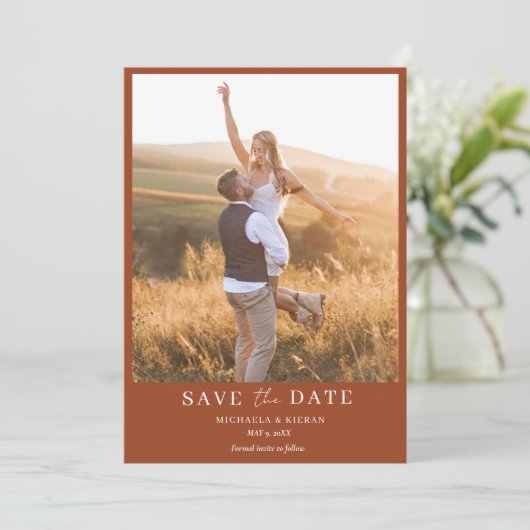 Simple Boho Foto Wedding Save The Date (Stehend Vorderseite)