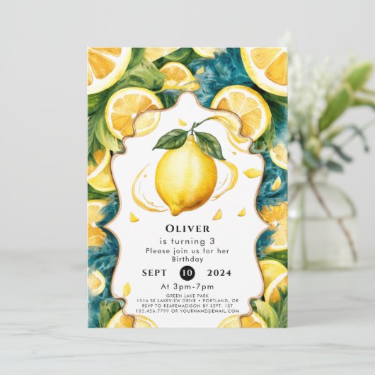 Simple Boho Lemon Birthday Einladung (Stehend Vorderseite)