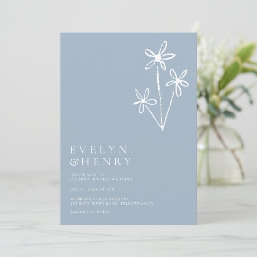 Simple Boho Minimalist Dusty Blue Wedding Einladung (Stehend Vorderseite)