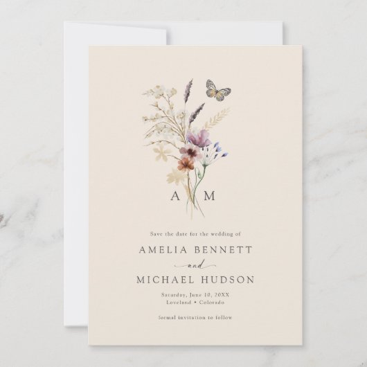 Simple Boho Mit Monogramm Save The Date (Vorderseite)