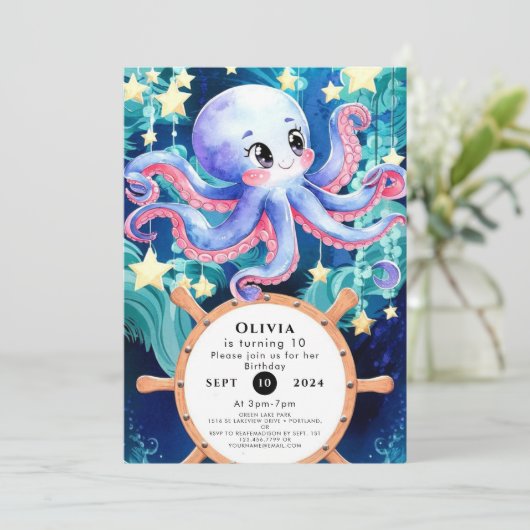 Simple Boho Octopus Birthday Einladung (Stehend Vorderseite)