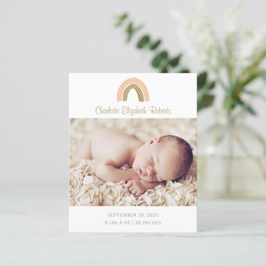 Simple Boho Rainbow Foto Birth Announction Card (Stehend Vorderseite)