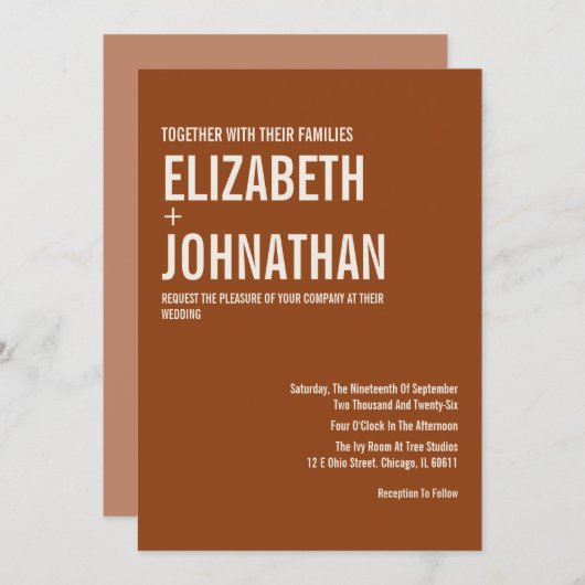 Simple Boho Terracotta Typografy Wedding Einladung (Vorne/Hinten)