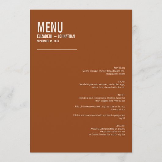 Simple Boho Terracotta Typografy Wedding Menu Menükarte (Vorderseite)