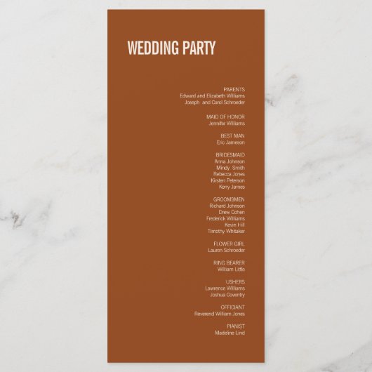 Simple Boho Terracotta Typografy Wedding Program Programm (Rückseite)