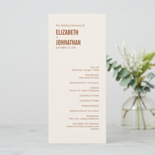 Simple Boho Terracotta Typografy Wedding Program Programm (Stehend Vorderseite)