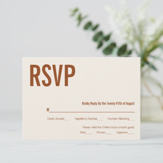 Simple Boho Terracotta Typografy Wedding RSVP (Stehend Vorderseite)