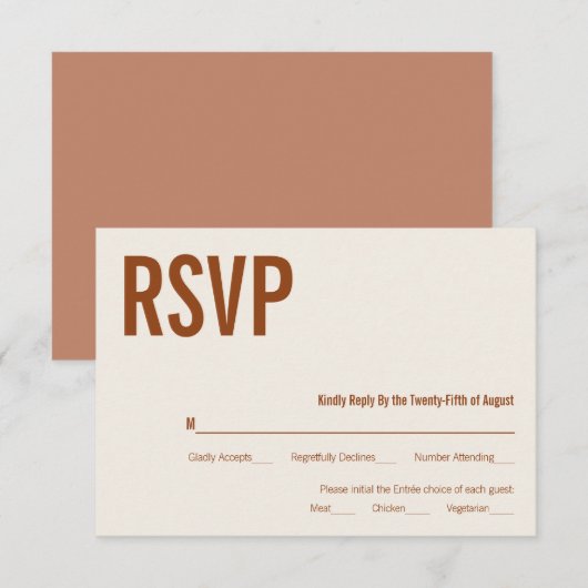 Simple Boho Terracotta Typografy Wedding RSVP Karte (Vorne/Hinten)