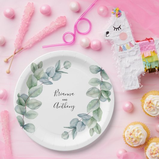 Simple Boho Watercolor Eukalyptus Greenerity Weddi Pappteller (Party)