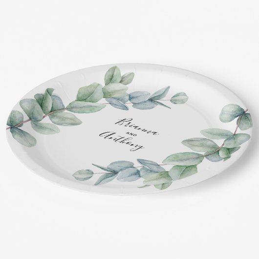 Simple Boho Watercolor Eukalyptus Greenerity Weddi Pappteller (Schrägansicht)