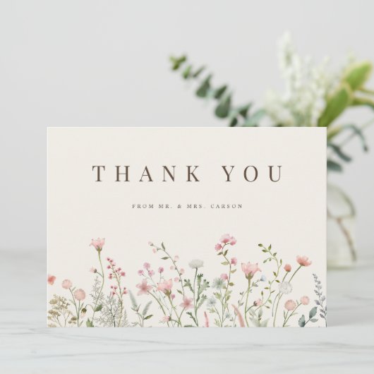 Simple Boho Wildblume Beige Vielen Dank Karte (Stehend Vorderseite)