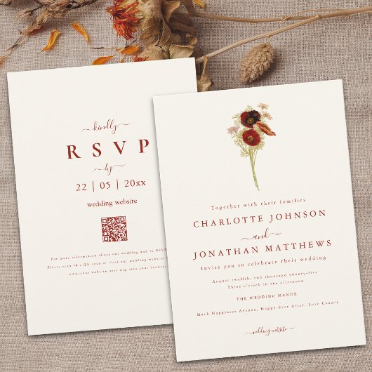 Simple Boho Wildblume Hochzeit im Herbst Einladung