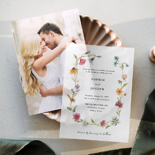 Simple Boho Wildblumen Wreath Hochzeit Pergament Einladungen