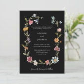 Simple Boho Wildblumen Wreath | Schwarze Hochzeit Einladung (Stehend Vorderseite)