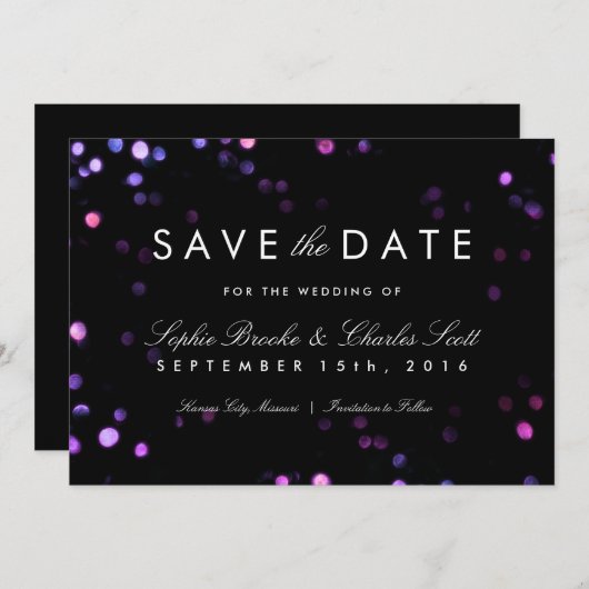 Simple Bokeh Glam Black & Pink Save the Date (Vorne/Hinten)