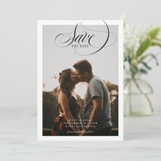 Simple Border Elegant Script Two Photo Save The Date (Stehend Vorderseite)